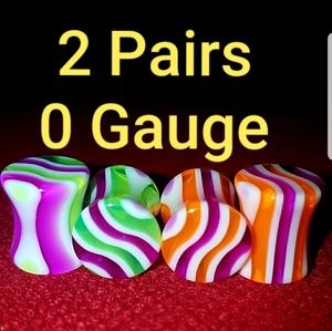 2 Pairs 0g Plugs Earring Orange Purple Green Wave